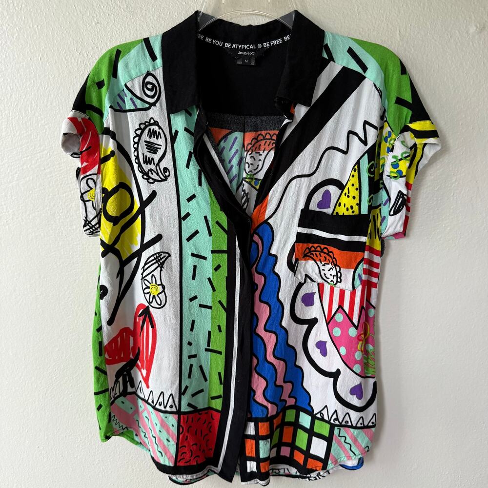 Desigual Calabria shirt multicolored arty graphic bold black collar shirt Size M - Picture 2 of 10